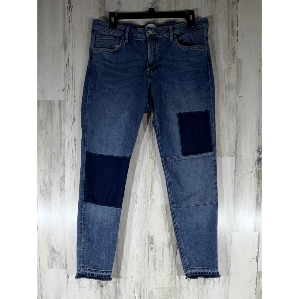H&M Conscious Patchwork Skinny Tapered Ankle Jeans Sz 14 (32x27) Frayed Raw Hem
